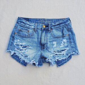 American Eagle Outfitters Hi-Rise Festival distressed denim cut-off shorts
